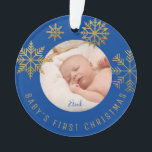 Blue Gold Babys First Christmas Gift Ornament<br><div class="desc">Bright navy gold Snowflakes Christmas holiday photo ornament for new parents who just had a baby. Personalize it by adding the name. Makes a perfect gift for your friends or family.</div>