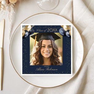 Blue Gold Balloon Glitter Graduation Party Photo Napkins