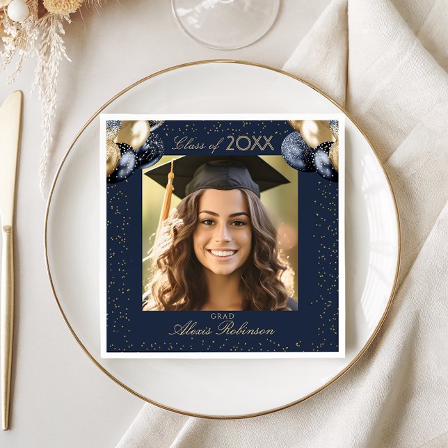 Blue Gold Balloon Glitter Graduation Party Photo Napkins (Creator Uploaded)