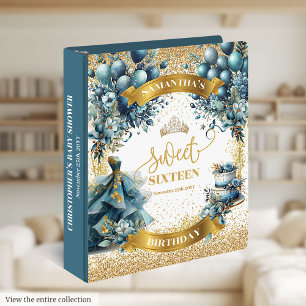 Blue Gold Balloon Sweet Sixteen Watercolor Memory 3 Ring Binder