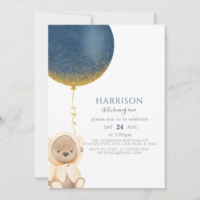 Blue Gold Balloon Teddy Bear Baby Boy 1st Birthday Invitation (Front)