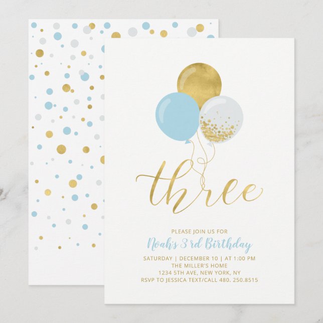 Blue & Gold Balloons Three 3rd Birthday Party Invitation (Front/Back)