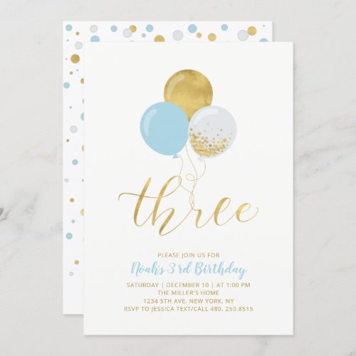 Blue  Gold Balloons Three 3rd Birthday Party Invitation