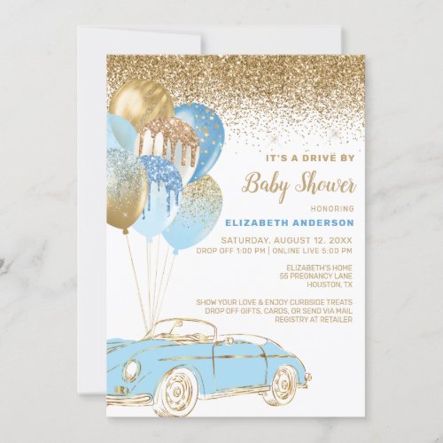 Blue Gold Balloons Virtual Drive by Baby Shower Invitation