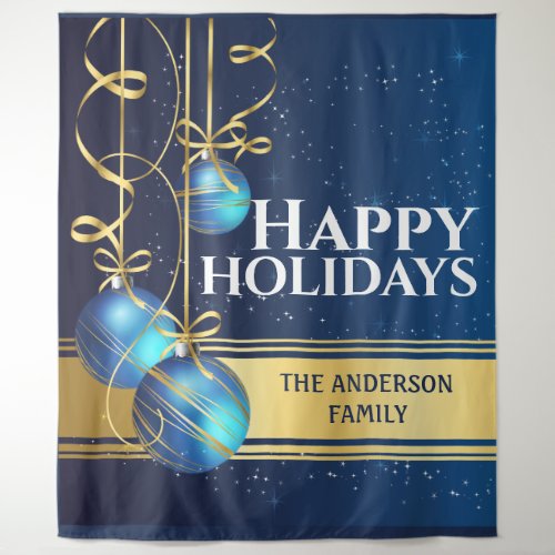 Blue gold balls pretty ribbon Christmas greetings Tapestry