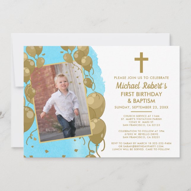 Blue Gold Baptism 1st Birthday Text Photo Invitation (Front)