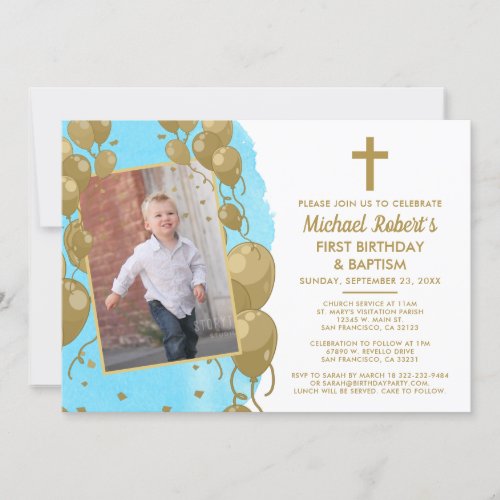 Blue Gold Baptism 1st Birthday Text Photo Invitation