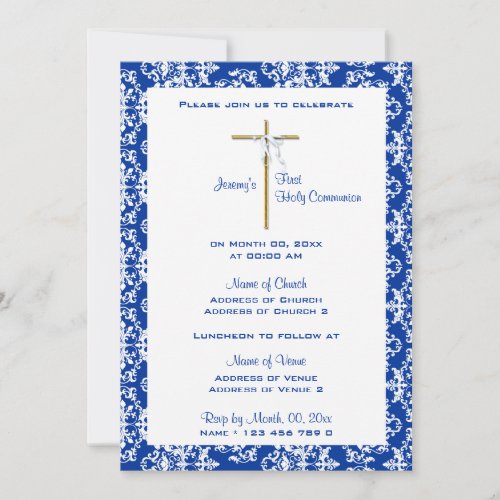 Blue gold baptism christening communion invitation