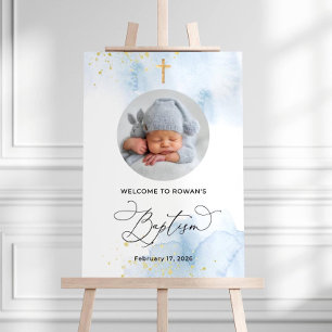Blue & Gold Baptism Photo Welcome Sign Watercolor