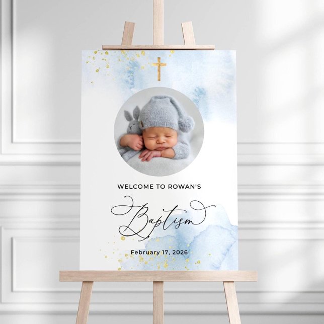 Blue & Gold Baptism Photo Welcome Sign Watercolor (Creator Uploaded)