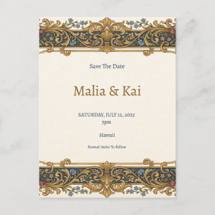 Blue Gold Baroque Save the Date Postcard