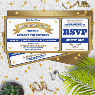 Blue & Gold Baseball Allstar Ticket Birthday Invitation