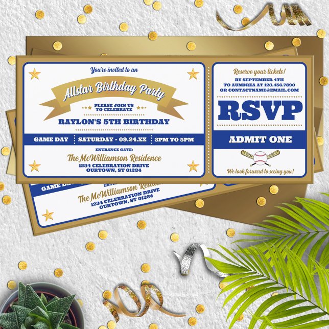 Blue & Gold Baseball Allstar Ticket Birthday Invitation (Creator Uploaded)