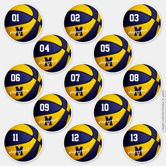 Blue & gold basketball team colors set of 13 personalized stickers