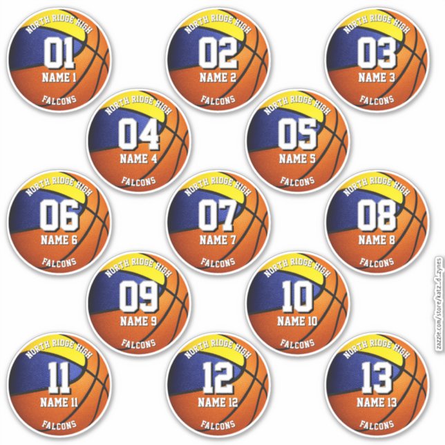 blue gold basketball team colors 13 players names sticker (Front)