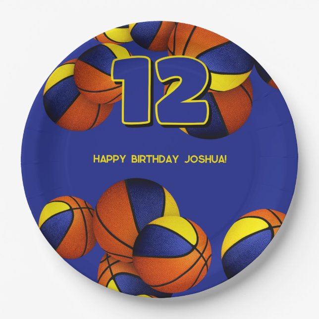 blue gold basketballs boys girls sports party paper plates (Front)