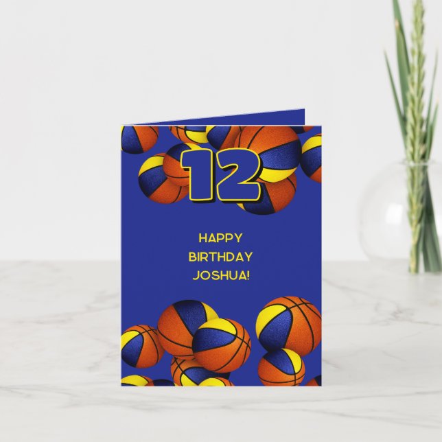 blue gold basketballs kids birthday card (Front)