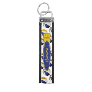 blue gold basketballs pattern athlete name wrist keychain