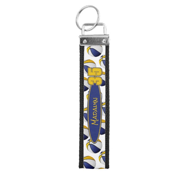 blue gold basketballs pattern athlete name wrist keychain (Keys on Top)