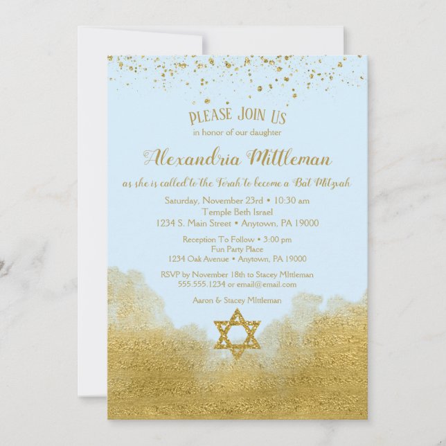 Blue Gold Bat Mitzvah Invitation (Front)