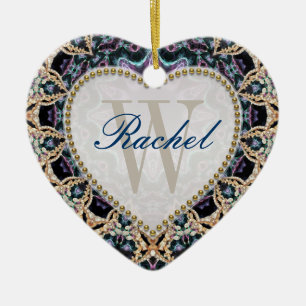 Blue Gold Batik Monogram Love Heart Ornament