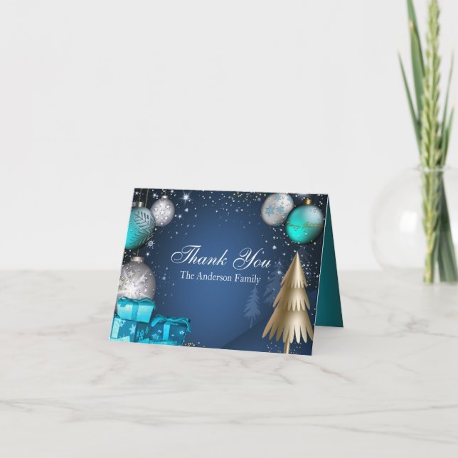 Blue Gold Bauble Christmas Holiday Thank You Card (Front)
