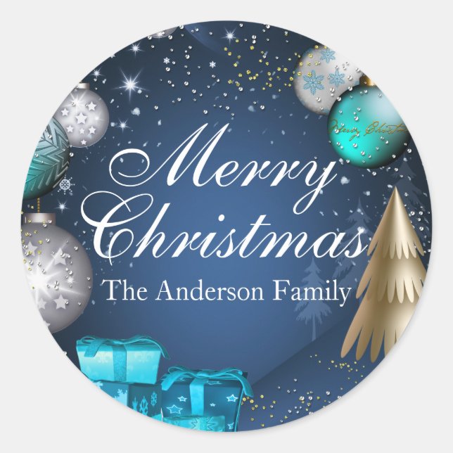 Blue & Gold Bauble Merry Christmas Sticker (Front)
