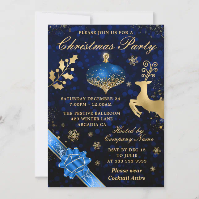Blue & Gold Bauble & Ribbon Christmas Party Invitation | Zazzle