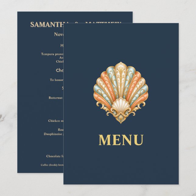 Blue Gold Beach Wedding Menu Seashell  (Front/Back)