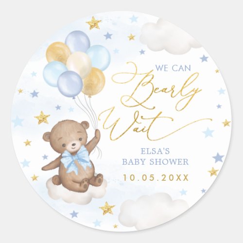 Blue Gold Bear Balloons Clouds Stars Baby Boy Classic Round Sticker
