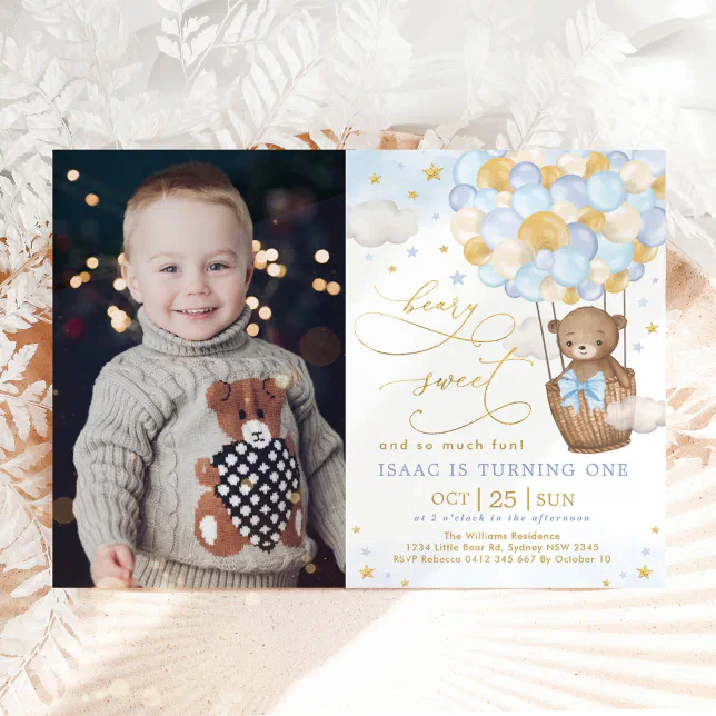Blue Gold Bear Hot Air Balloon Boy 1st Birthday Invitation | Zazzle