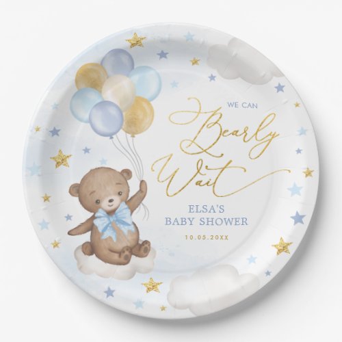 Blue Gold Bear with Balloons Clouds Stars Boy Baby Paper Plates
