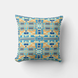 Blue Gold Beige Mediterranean Look Large Tiles Throw Pillow