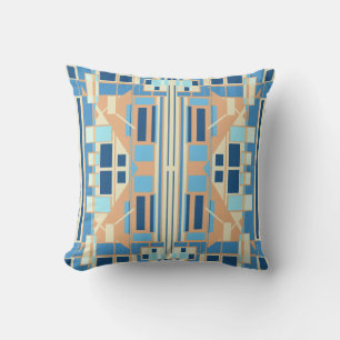 Blue Gold Beige Symmetrical Mediterranean Art Look Throw Pillow