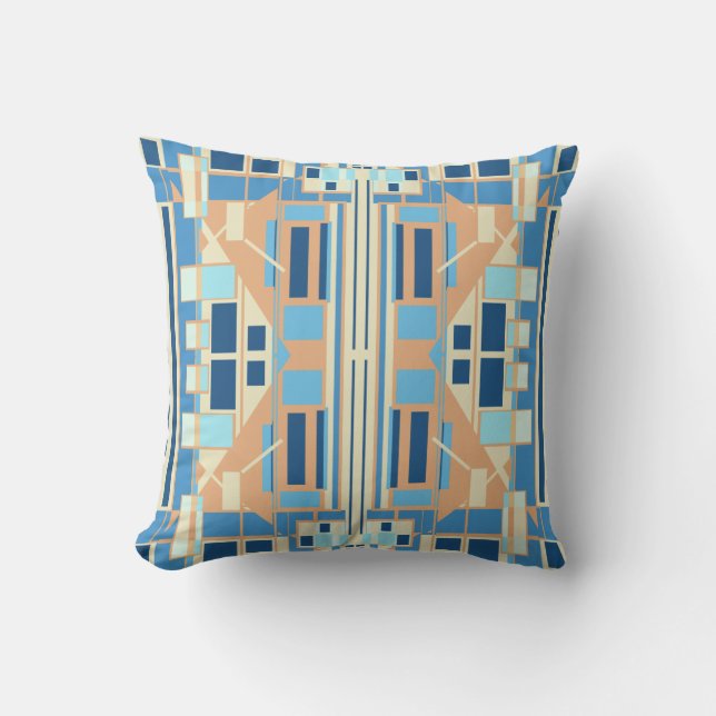 Blue Gold Beige Symmetrical Mediterranean Art Look Throw Pillow (Front)