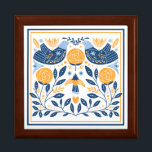 Blue Gold Bird Hygge Pattern Gift Box<br><div class="desc">The lid on this attractive gift or jewelry box has a beautiful and intricate Nordic hygge style pattern in blue and gold on a white background. Elements included are pattern birds,  floral images,  a heart,  and leaves. The pattern is framed in matching blue and gold lines.</div>