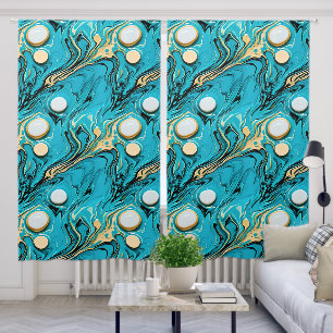 Blue, Gold, Black and White Abstract Blackout Curtains