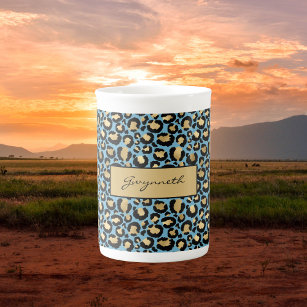 Blue Gold Black Leopard Print with Your Name Bone China Mug