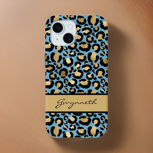 Blue Gold Black Leopard Print with Your Name iPhone 15 Case