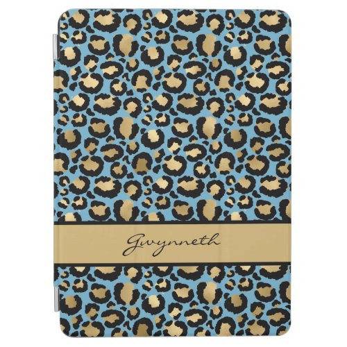 Blue Gold Black Leopard Print with Your Name iPad Air Cover
