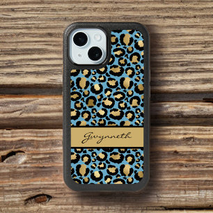 Blue Gold Black Leopard Print with Your Name iPhone 15 Case