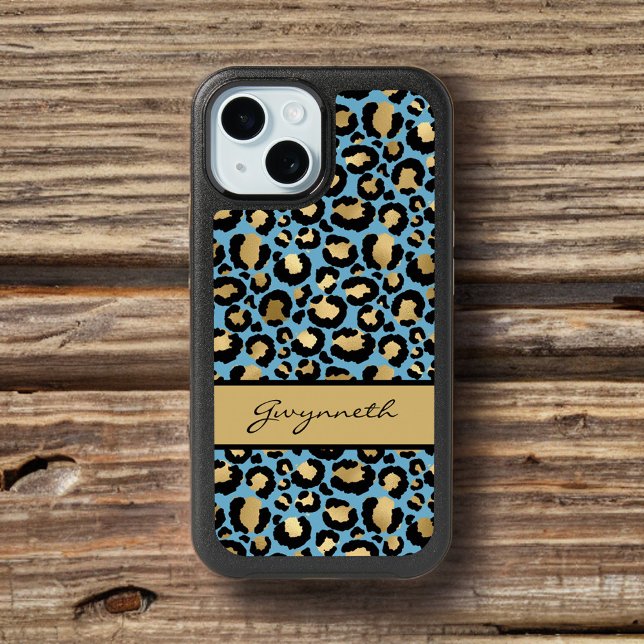 Blue Gold Black Leopard Print with Your Name iPhone 15 Case (Creator Uploaded)