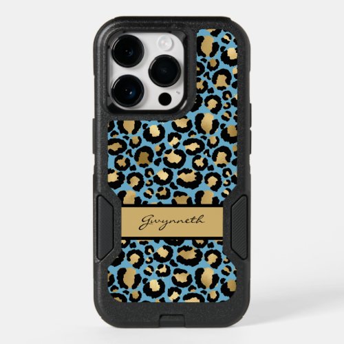 Blue Gold Black Leopard Print with Your Name OtterBox iPhone 14 Pro Case