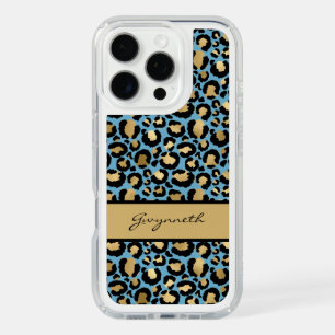 Blue Gold Black Leopard Print with Your Name iPhone 16 Pro Case
