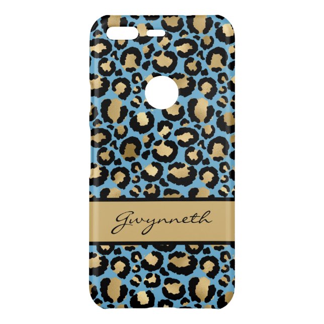 Blue Gold Black Leopard Print with Your Name Uncommon Google Pixel Case (Back)
