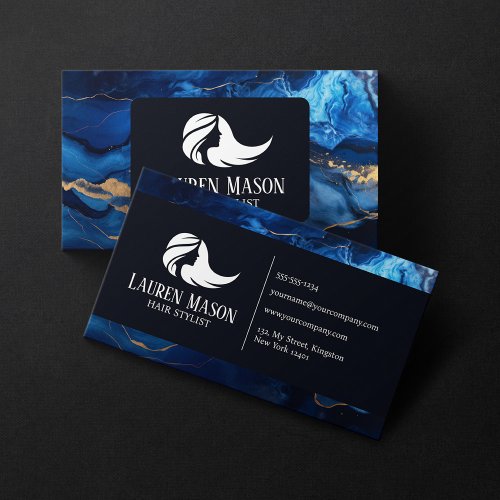 Blue Gold Black Marble Hair Stylist Hair Salon Business Card