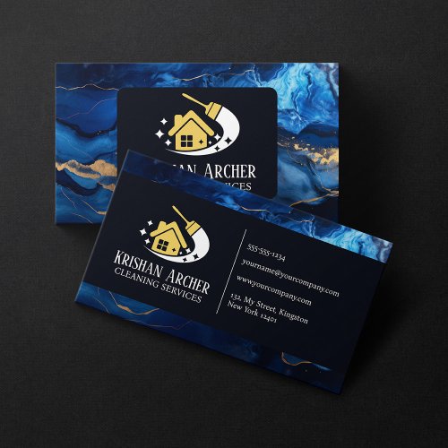 Blue Gold Black Marble House Cleaning Housekeeping Business Card