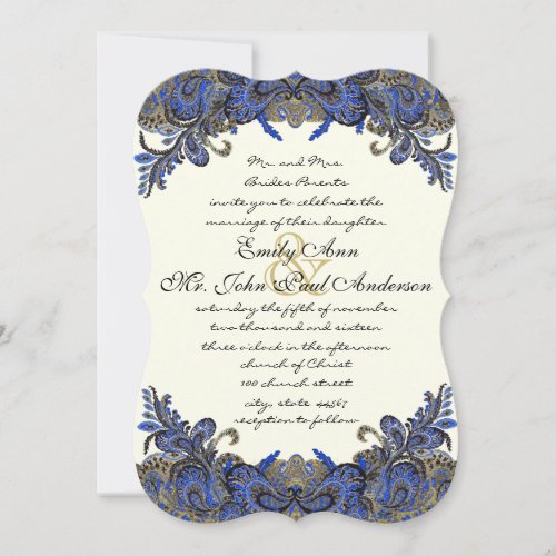 Blue Gold  Black Peacock Ivory Wedding Invitation