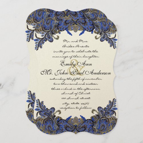 Blue Gold  Black Peacock Ivory Wedding Invitation