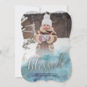 Blue Gold Blessed Watercolor Christmas Photo Card